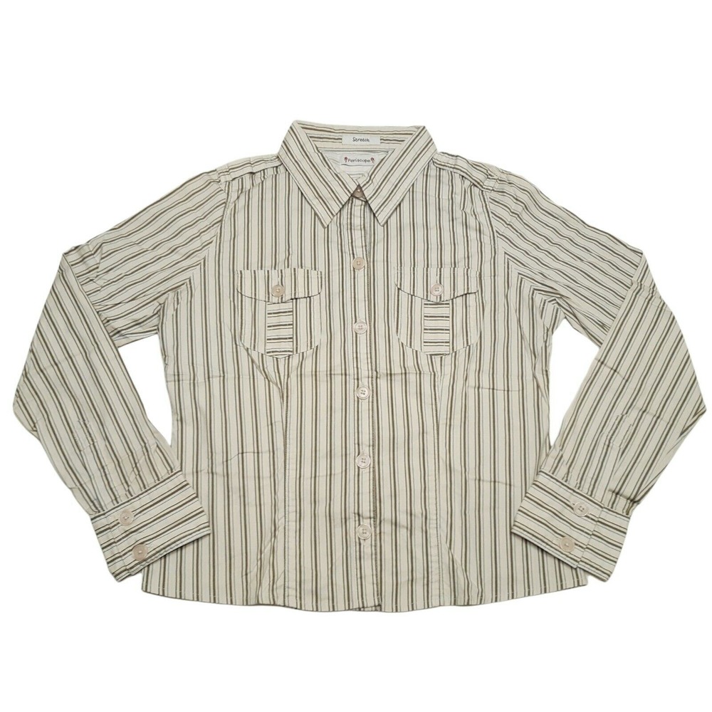 Periscope Shirt Womens Large Khaki Brown Button Up Striped Stretch Cotton Casual